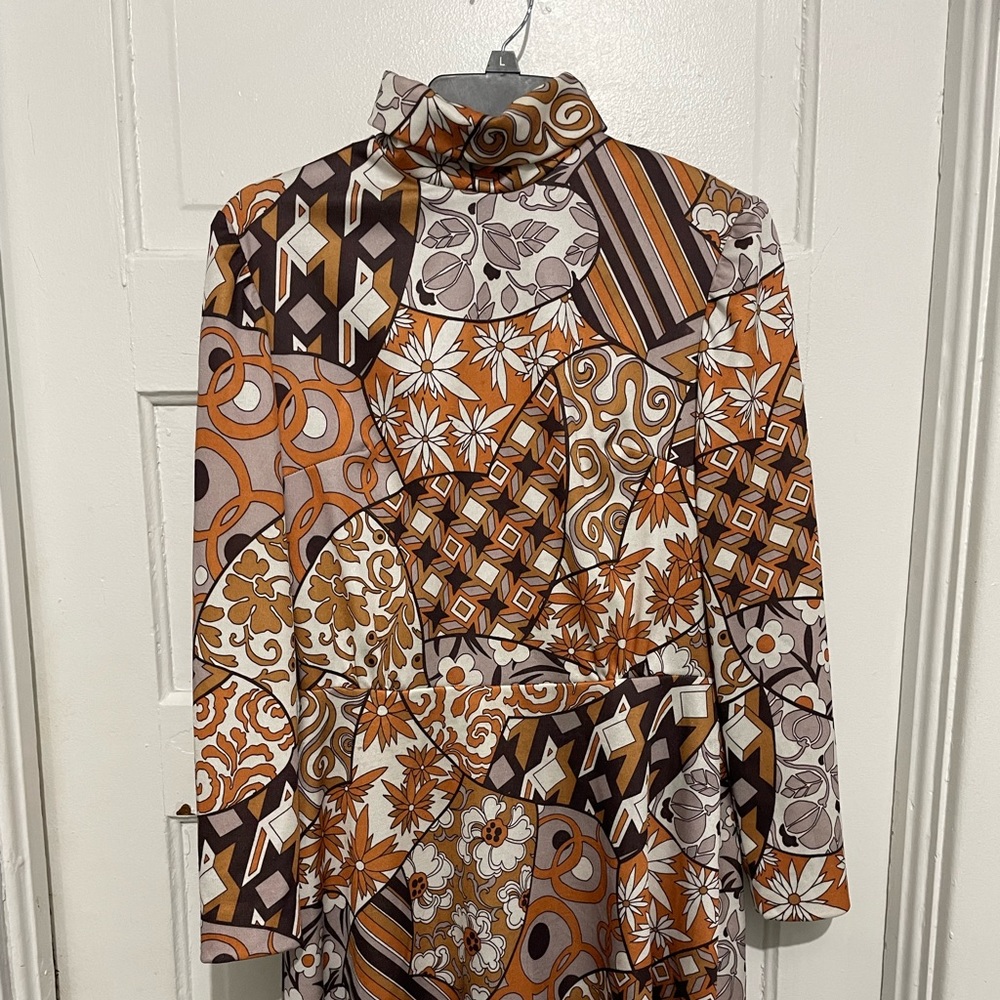 1960’s Brown Mini dress with geometric designs. Size 13 by ILGWU
